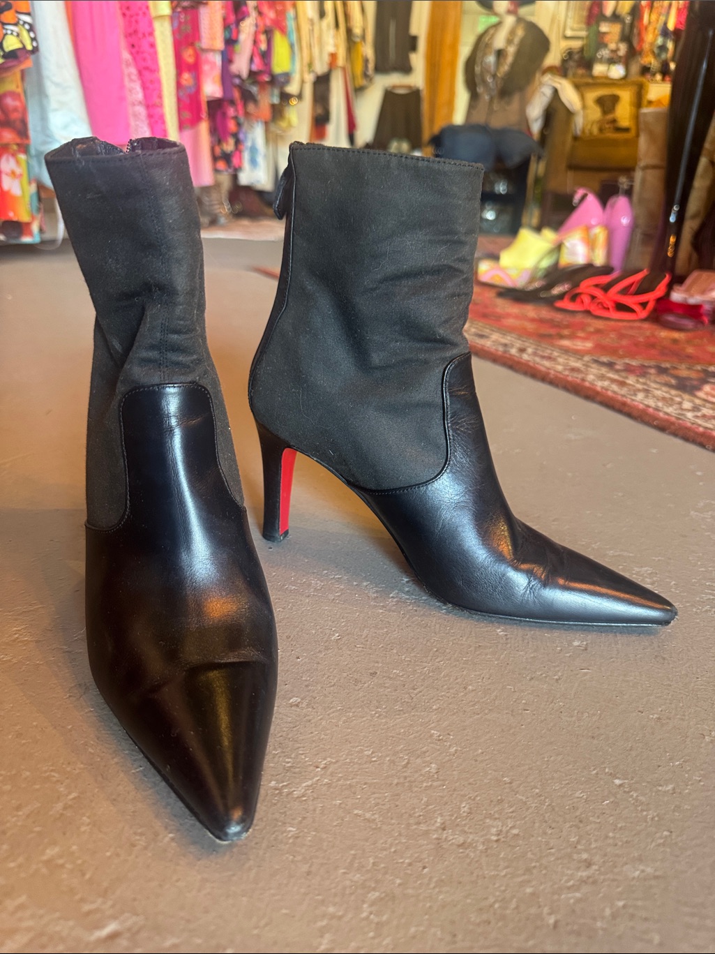 Christian Louboutin Black Pointed Leather & Fabric Ankle Boots